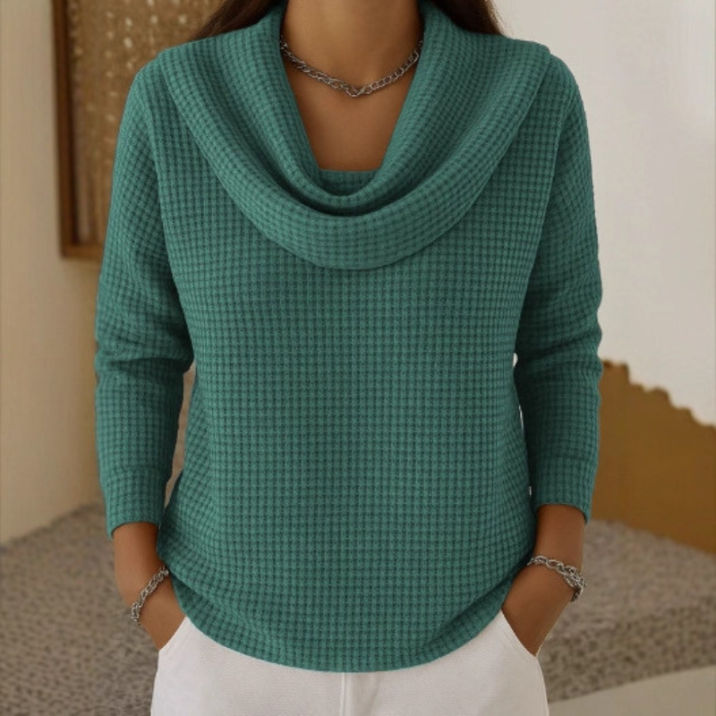 Marlowe green cowl neck waffle knit sweater, front view