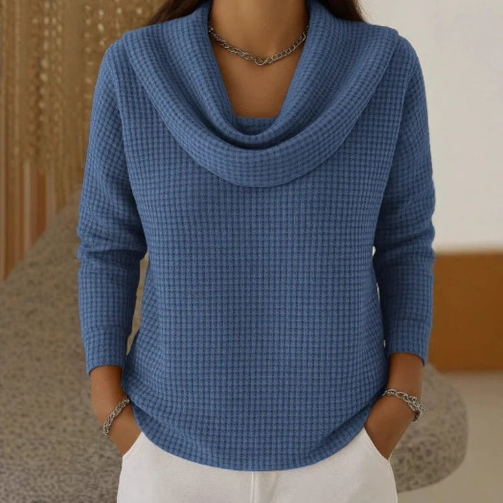 Marlowe blue cowl neck waffle knit sweater, front view