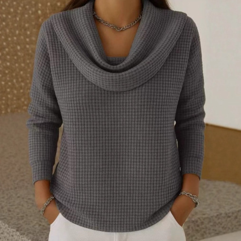 Marlowe gray cowl neck waffle knit sweater, front view