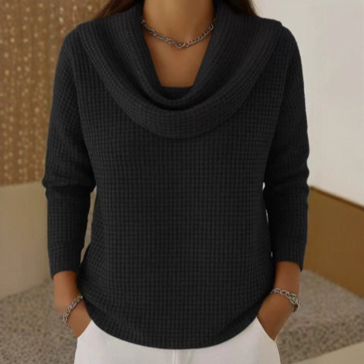 Marlowe gray cowl neck waffle knit sweater, front view