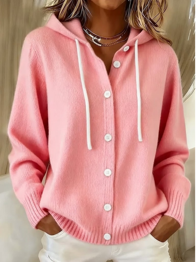 Marlowe hooded button cardigan in pink knit, front view