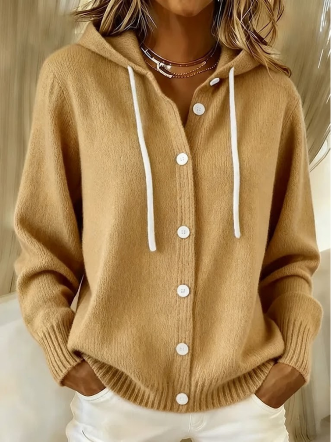 Marlowe hooded button cardigan in khaki knit, front view