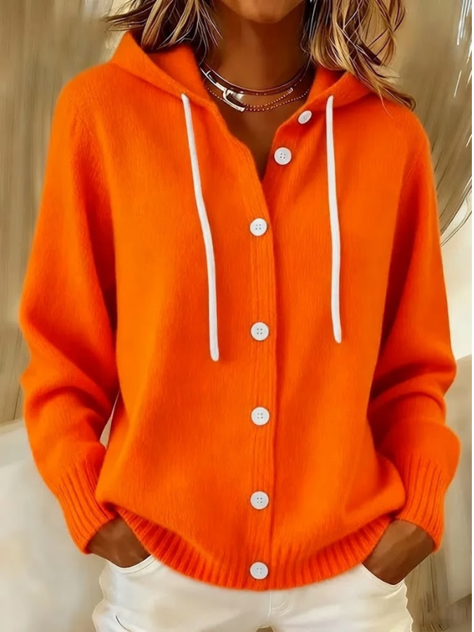 Marlowe hooded button cardigan in orange knit, front view