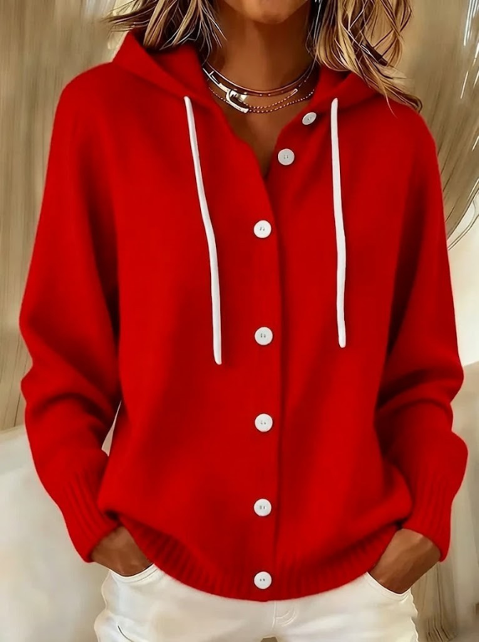 Marlowe hooded button cardigan in red knit, front view