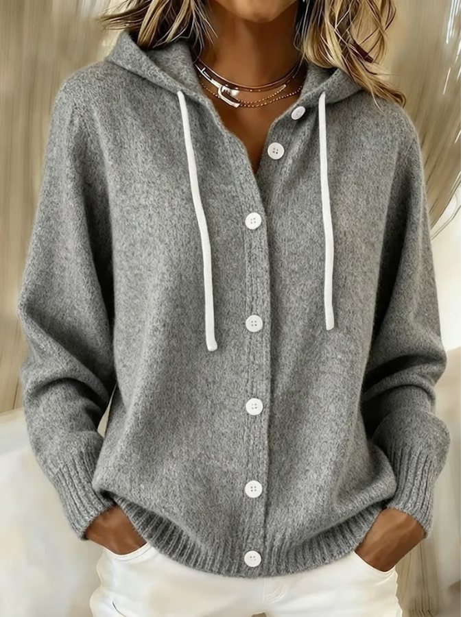 Marlowe hooded button cardigan in gray knit, front view