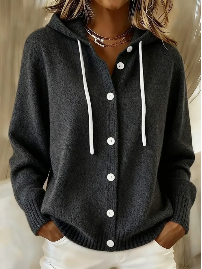 Marlowe hooded button cardigan in dark gray knit, front view