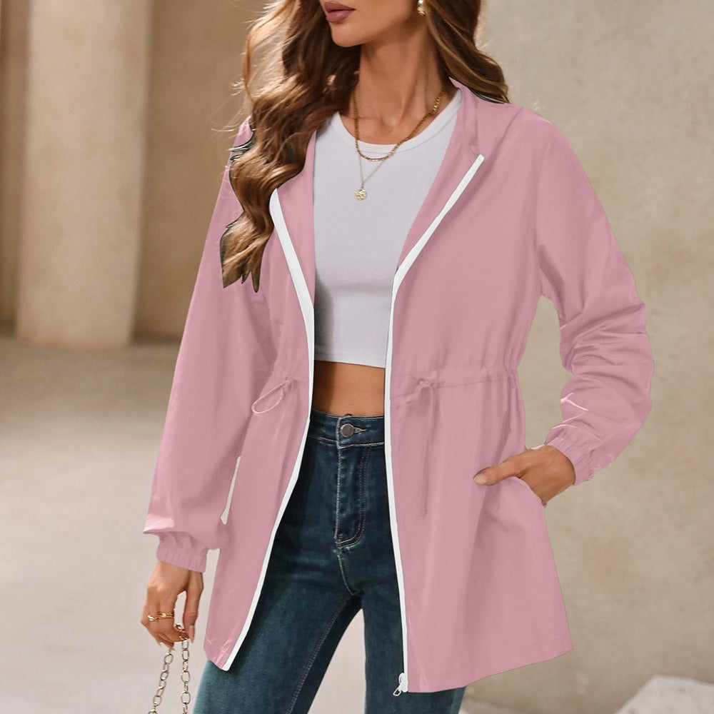 Marlowe hooded rain jacket in pink, front view with drawstring waist
