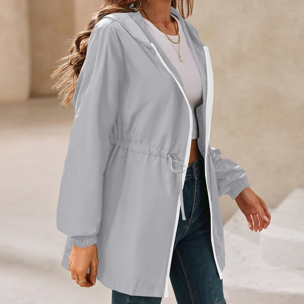 Marlowe hooded rain jacket in light gray, side view