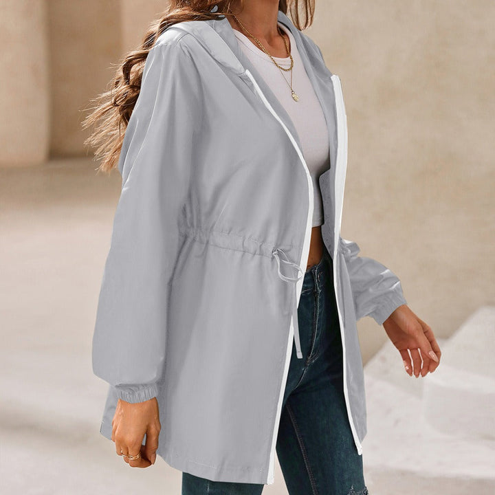 Marlowe hooded rain jacket in light gray, side view