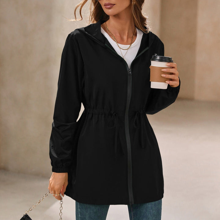 Marlowe hooded rain jacket in black, front view with zip closure