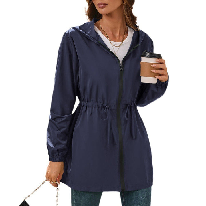 Marlowe hooded rain jacket in navy blue, front view