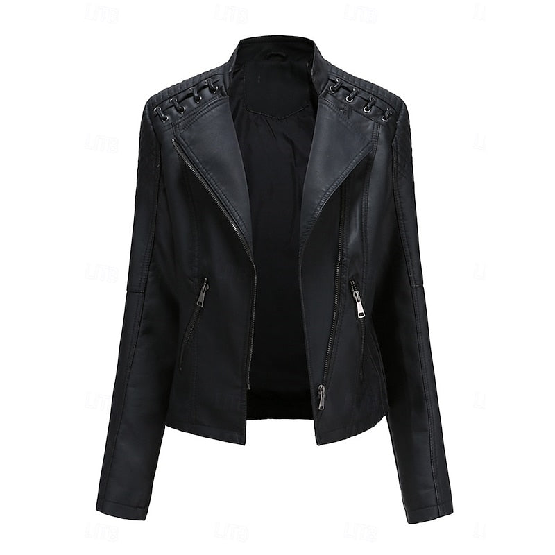 Marlowe quilted faux leather biker jacket, front view zipped closed