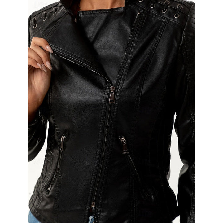 Close-up of Marlowe faux leather biker jacket zipper and quilted shoulder detail