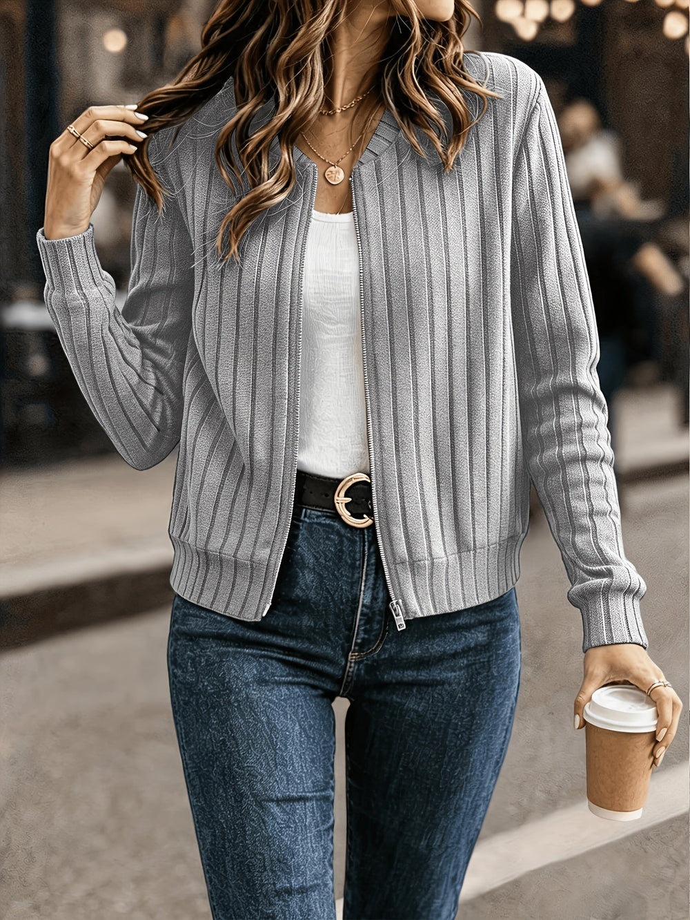 Marlowe ribbed zip-front cardigan in grey, front view