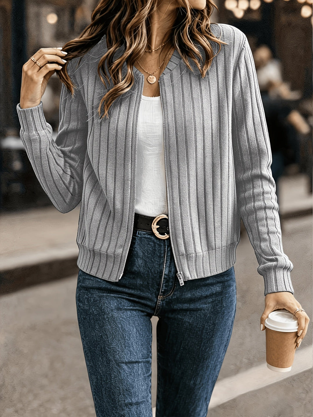 Marlowe ribbed zip-front cardigan in grey, front view