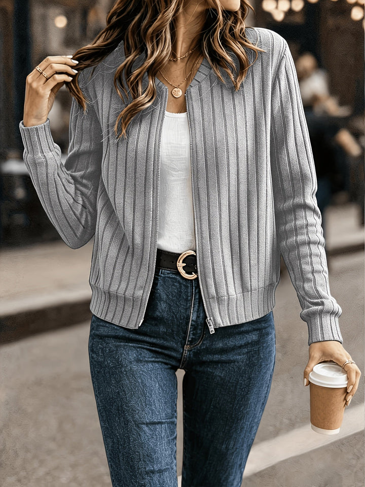 Marlowe ribbed zip-front cardigan in grey, front view