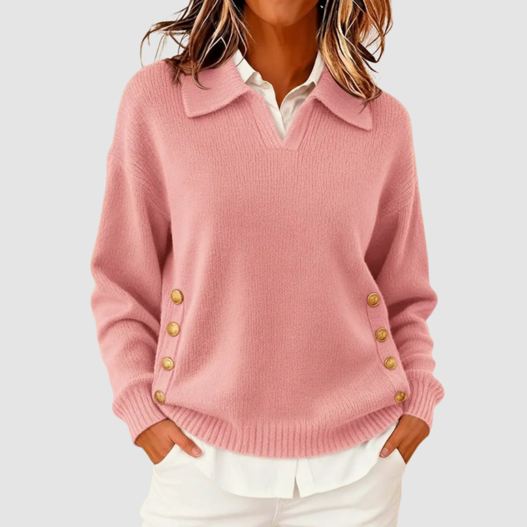 Meredith collared V-neck button detail sweater in pink, front view