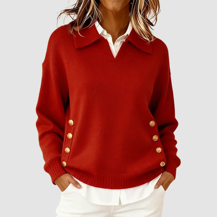 Meredith collared V-neck button detail sweater in red, front view