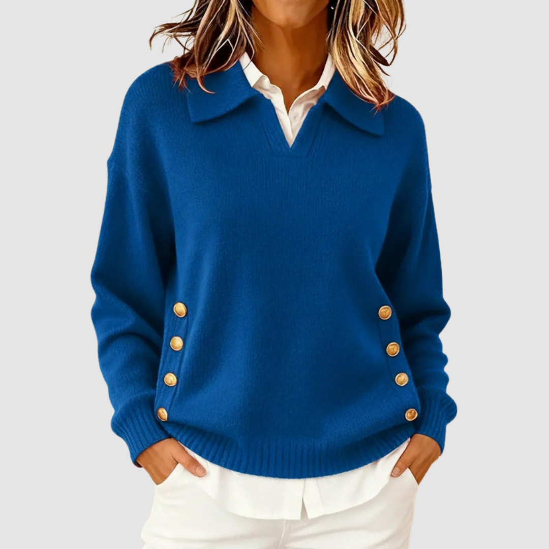 Meredith collared V-neck button detail sweater in blue, front view