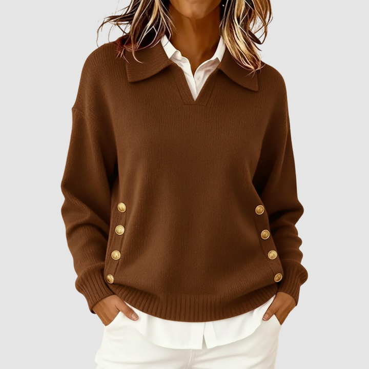 Meredith collared V-neck button detail sweater in blue, front view