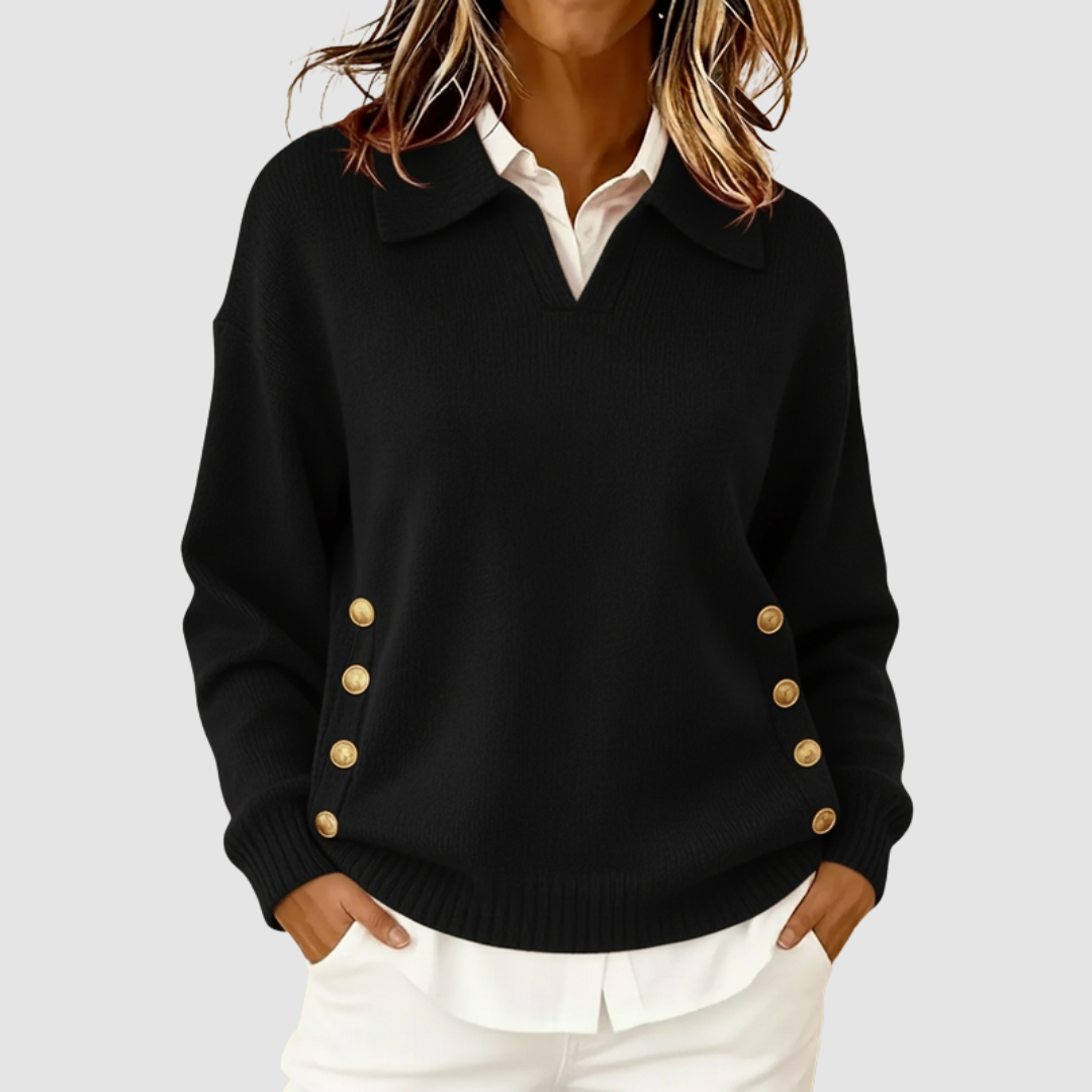 Meredith collared V-neck button detail sweater in blue, front view