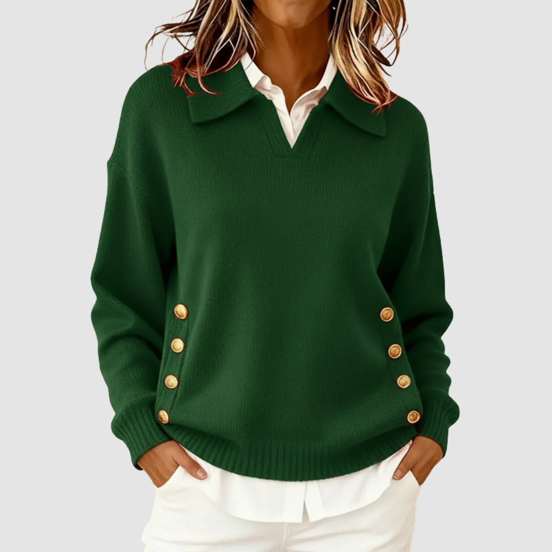 Meredith collared V-neck button detail sweater in blue, front view
