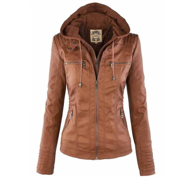 Mia camel faux leather biker jacket with hood up, front view