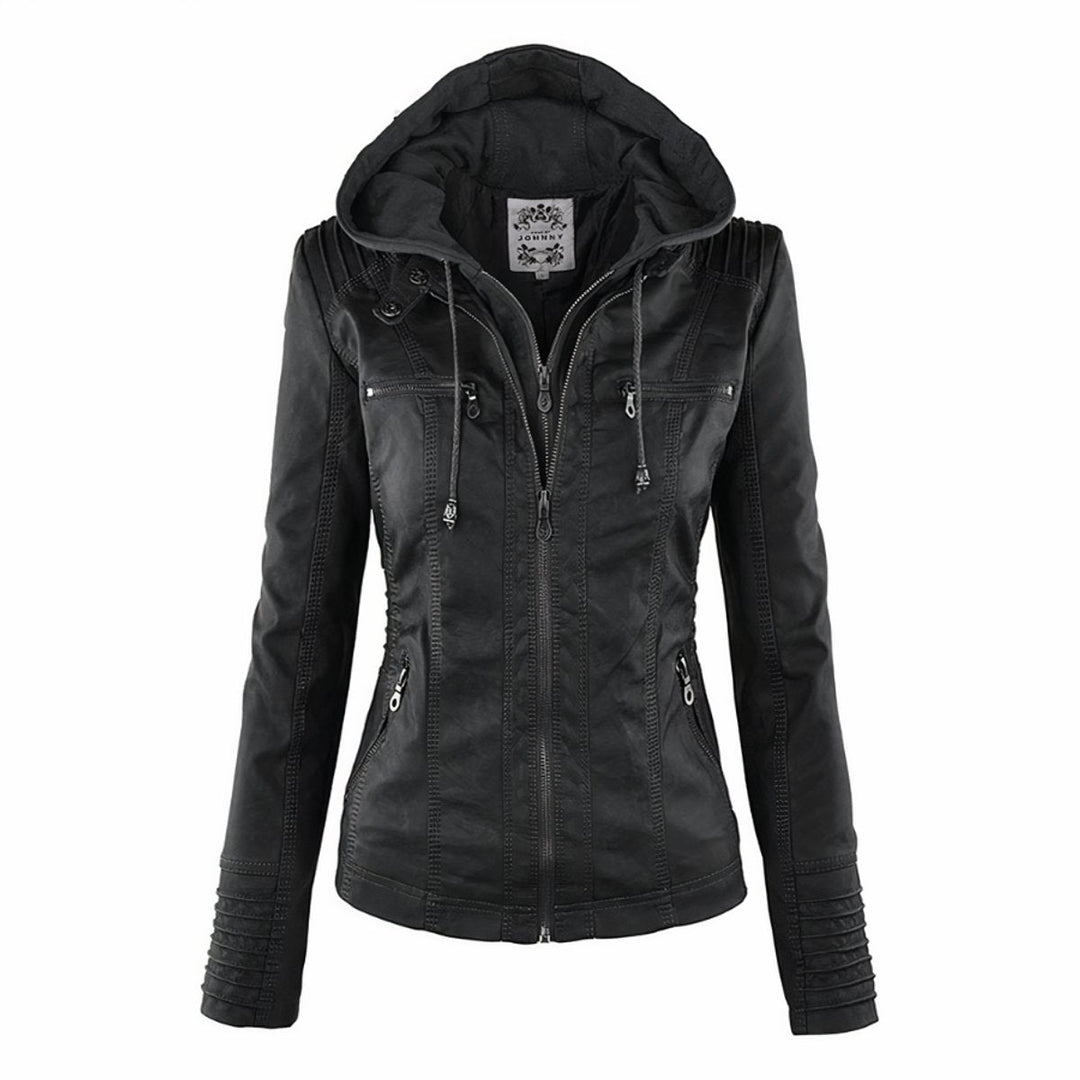 Mia black faux leather biker jacket with hood up, front view