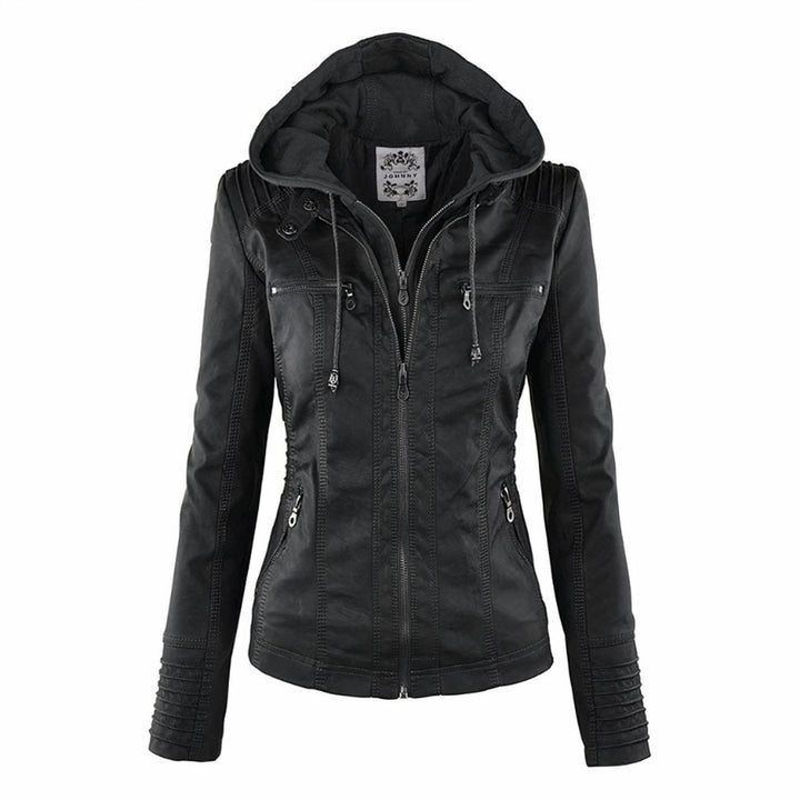 Mia black faux leather biker jacket with hood up, front view