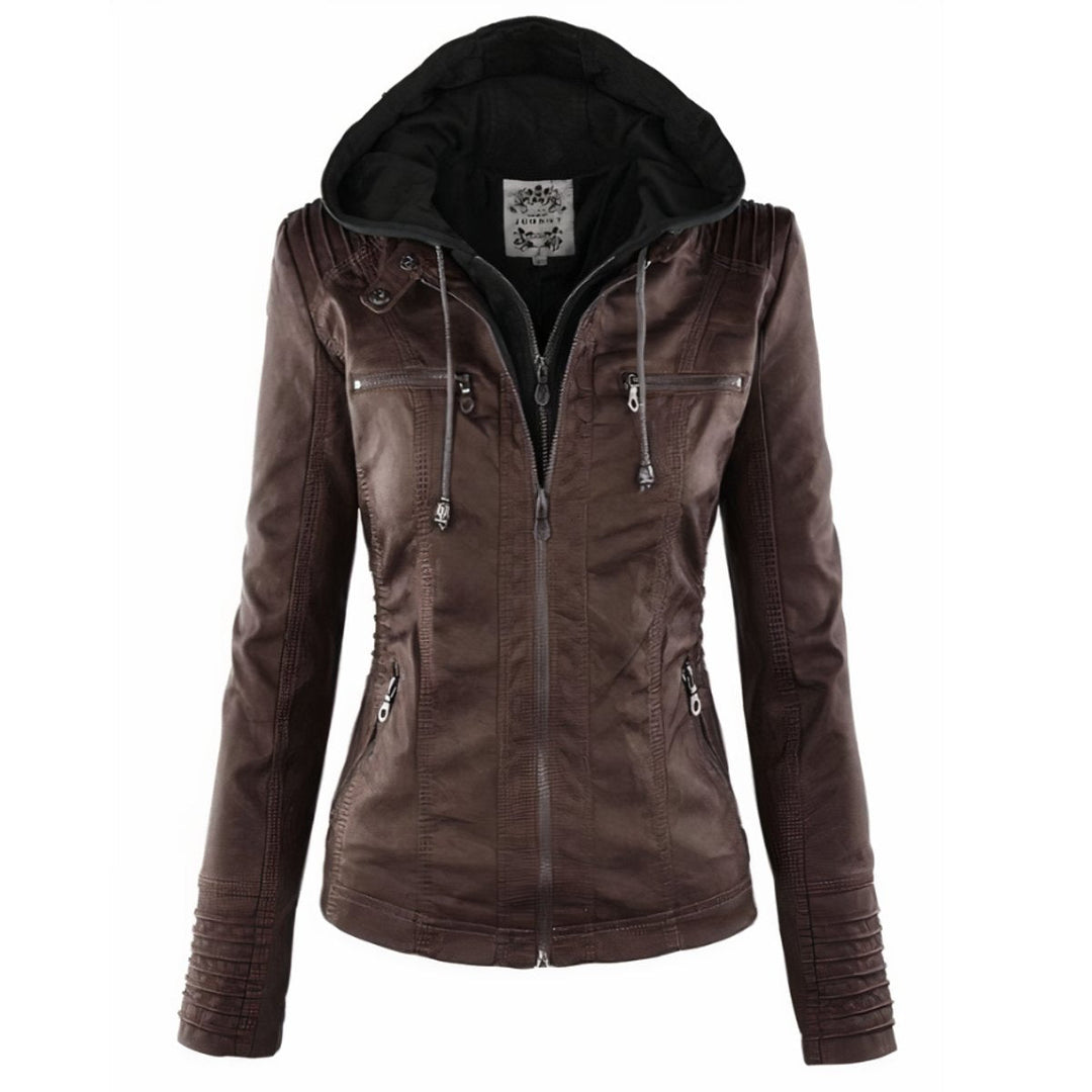 Mia brown faux leather biker jacket with black hood, front view
