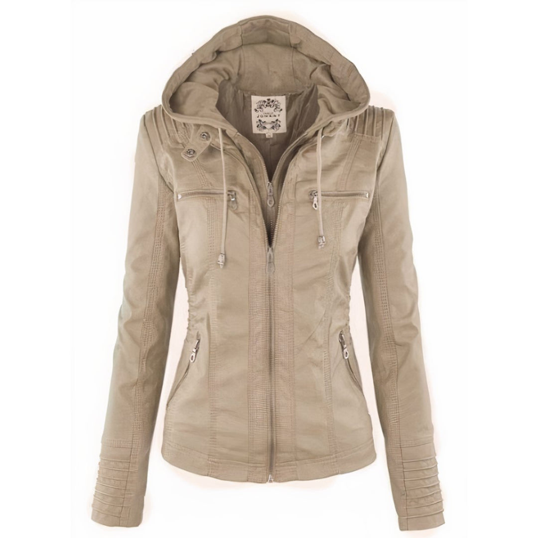 Mia beige faux leather biker jacket with hood up, front view