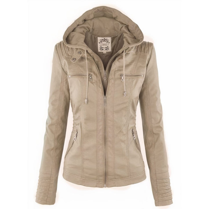 Mia beige faux leather biker jacket with hood up, front view
