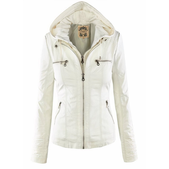 Mia white faux leather biker jacket with hood up, front view