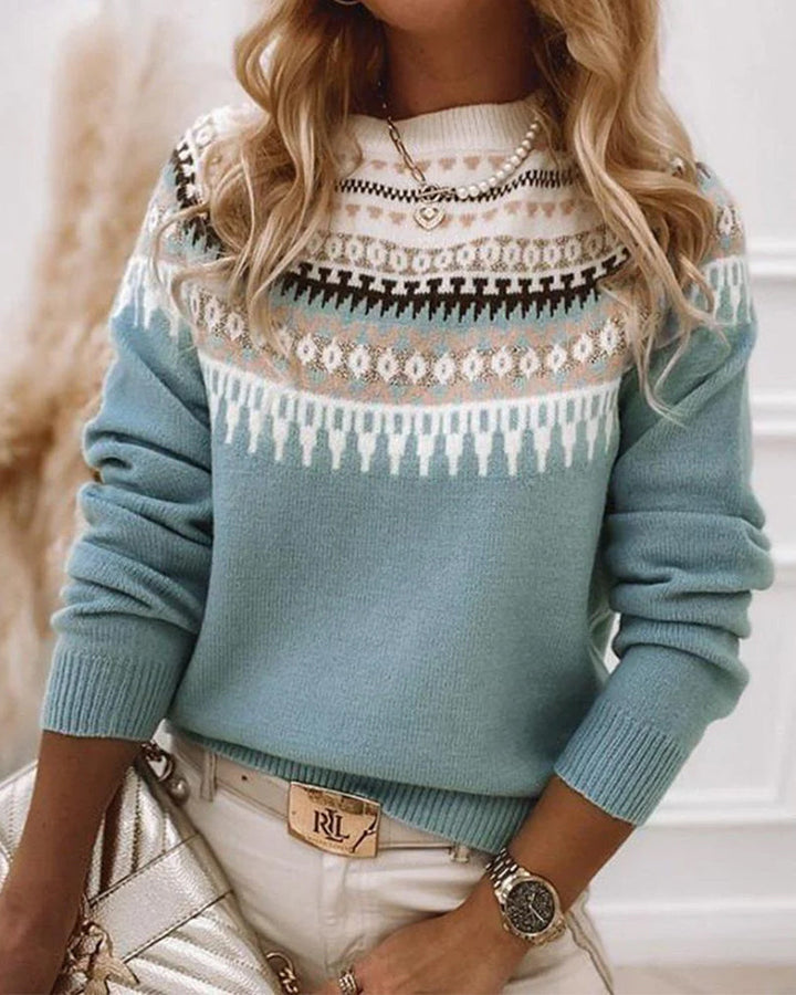 Mia fair isle sweater worn by model, front view