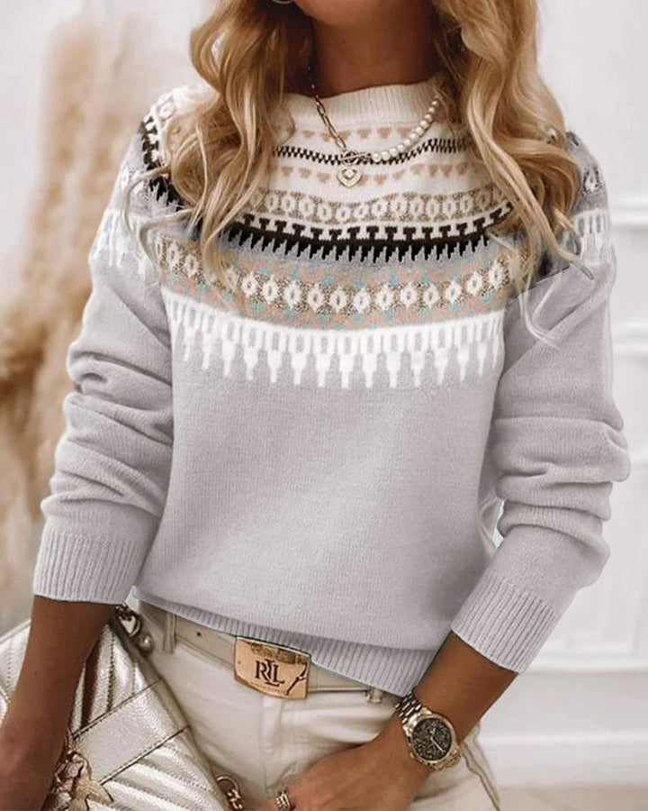 Mia fair isle sweater in gray, worn by model close-up