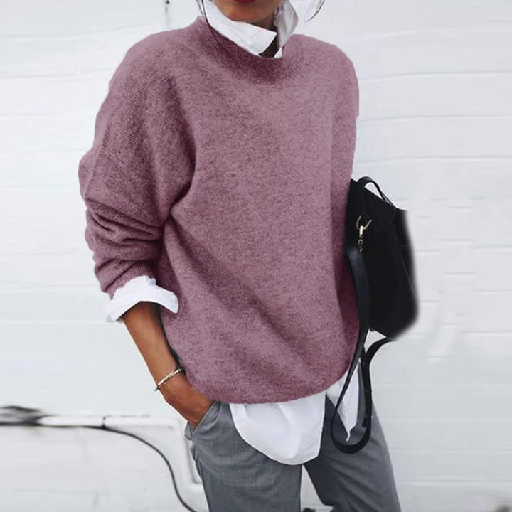 Molly oversized mock neck sweater in mauve pink, front view layered over white shirt