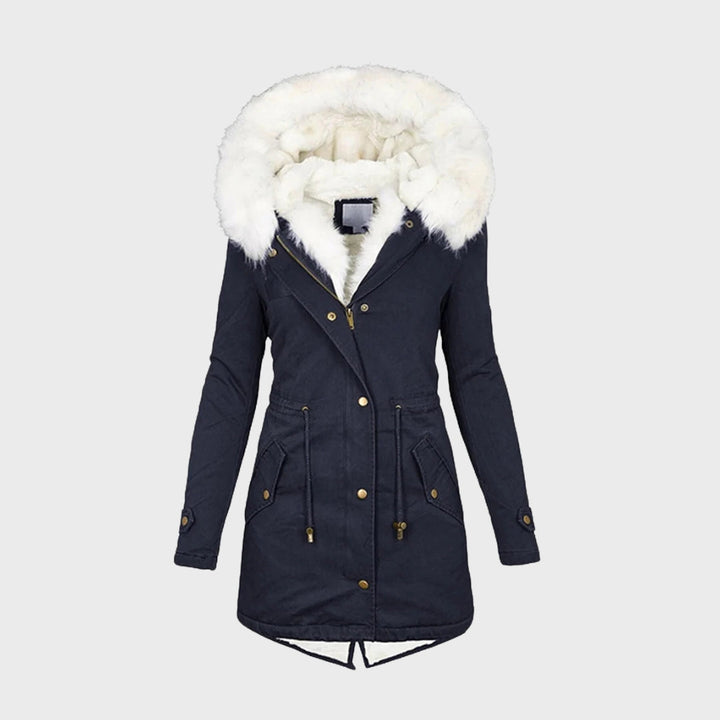 Nadine faux fur hood winter jacket in navy blue, front view