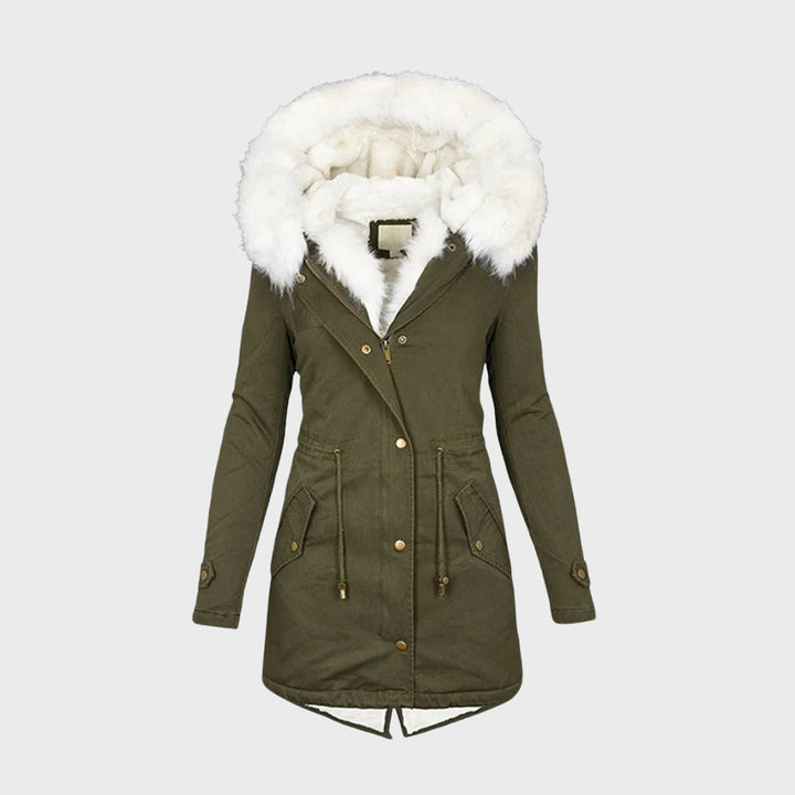 Nadine faux fur hood winter jacket in olive green, front view