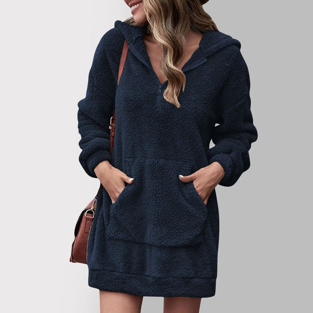 Nadine fluffy hooded zip sweater dress in dark blue, front view