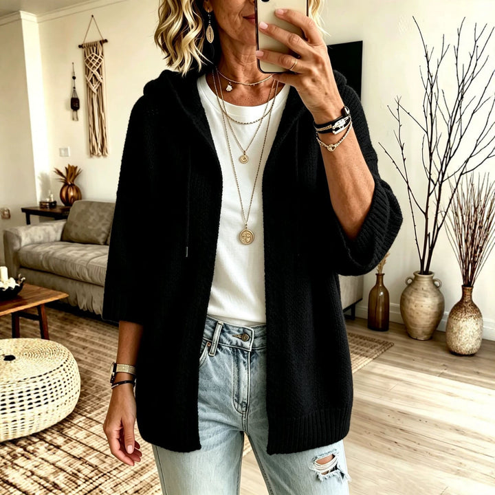Odalys hooded open front long cardigan in black, front view