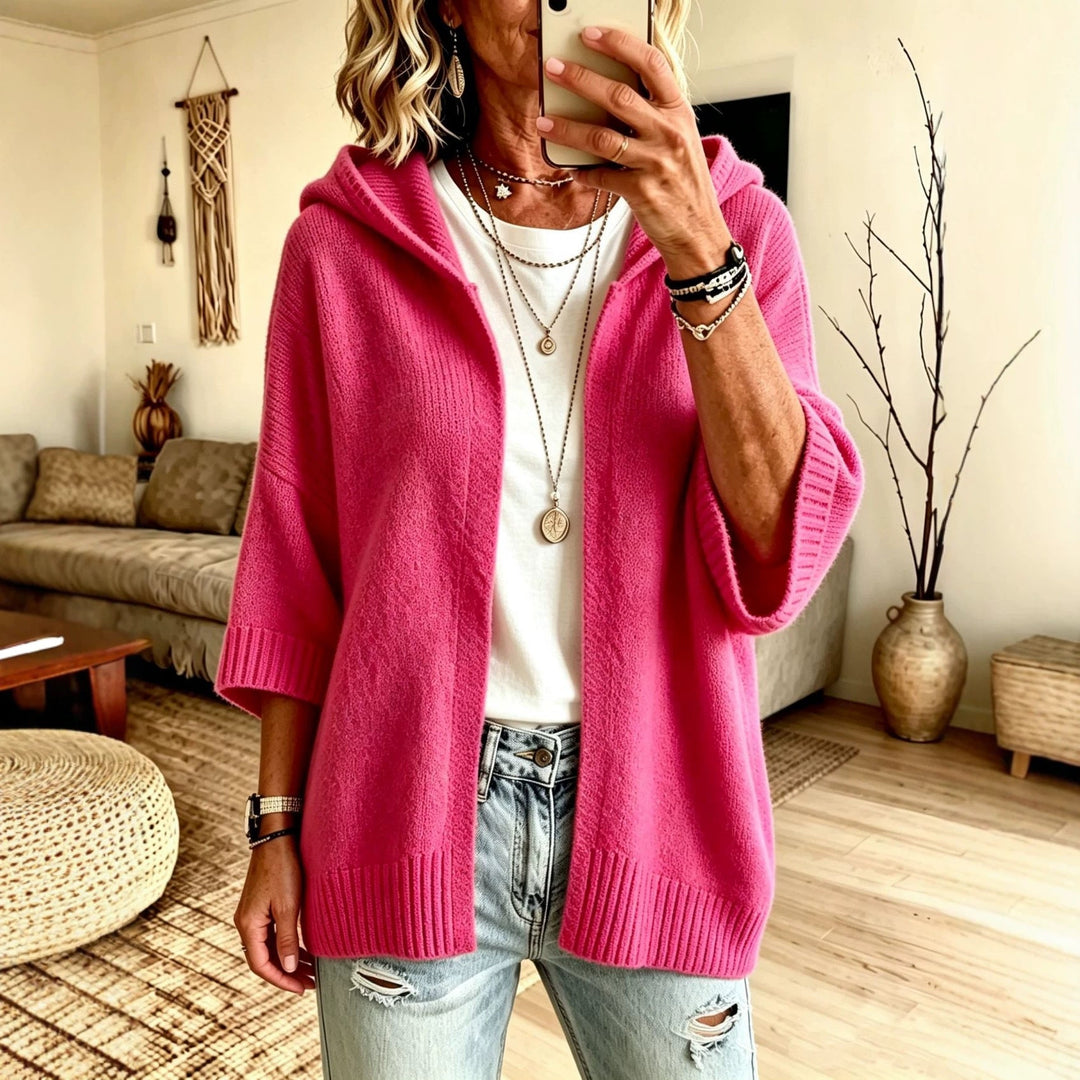 Odalys hooded open front long cardigan in pink, front view