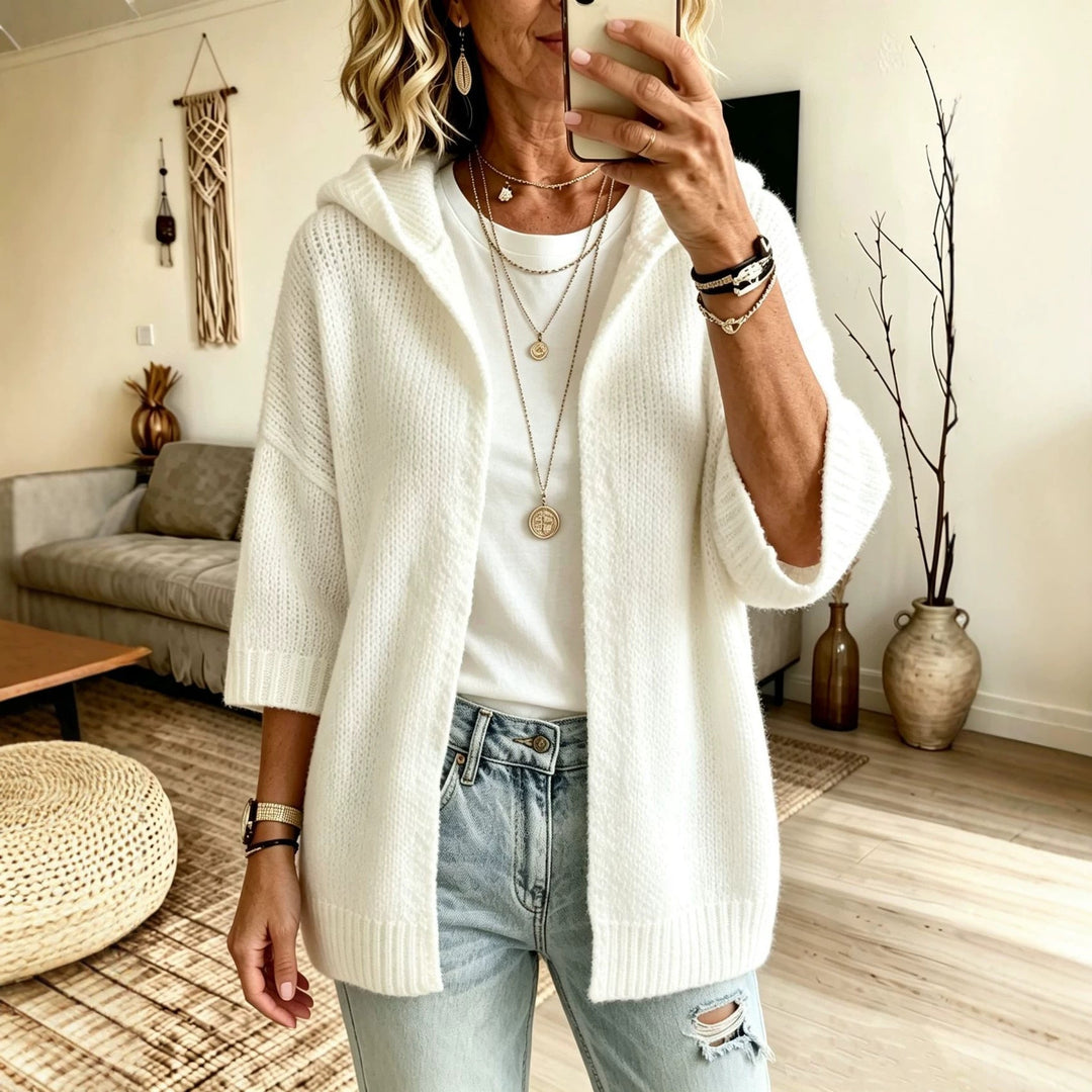 Odalys hooded open front long cardigan in white, front view