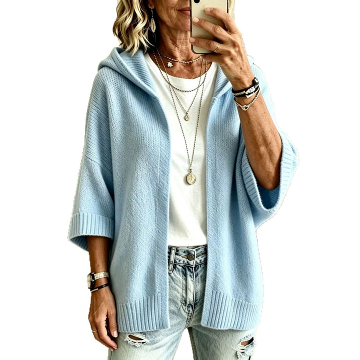 Odalys hooded open front long cardigan in white, front view