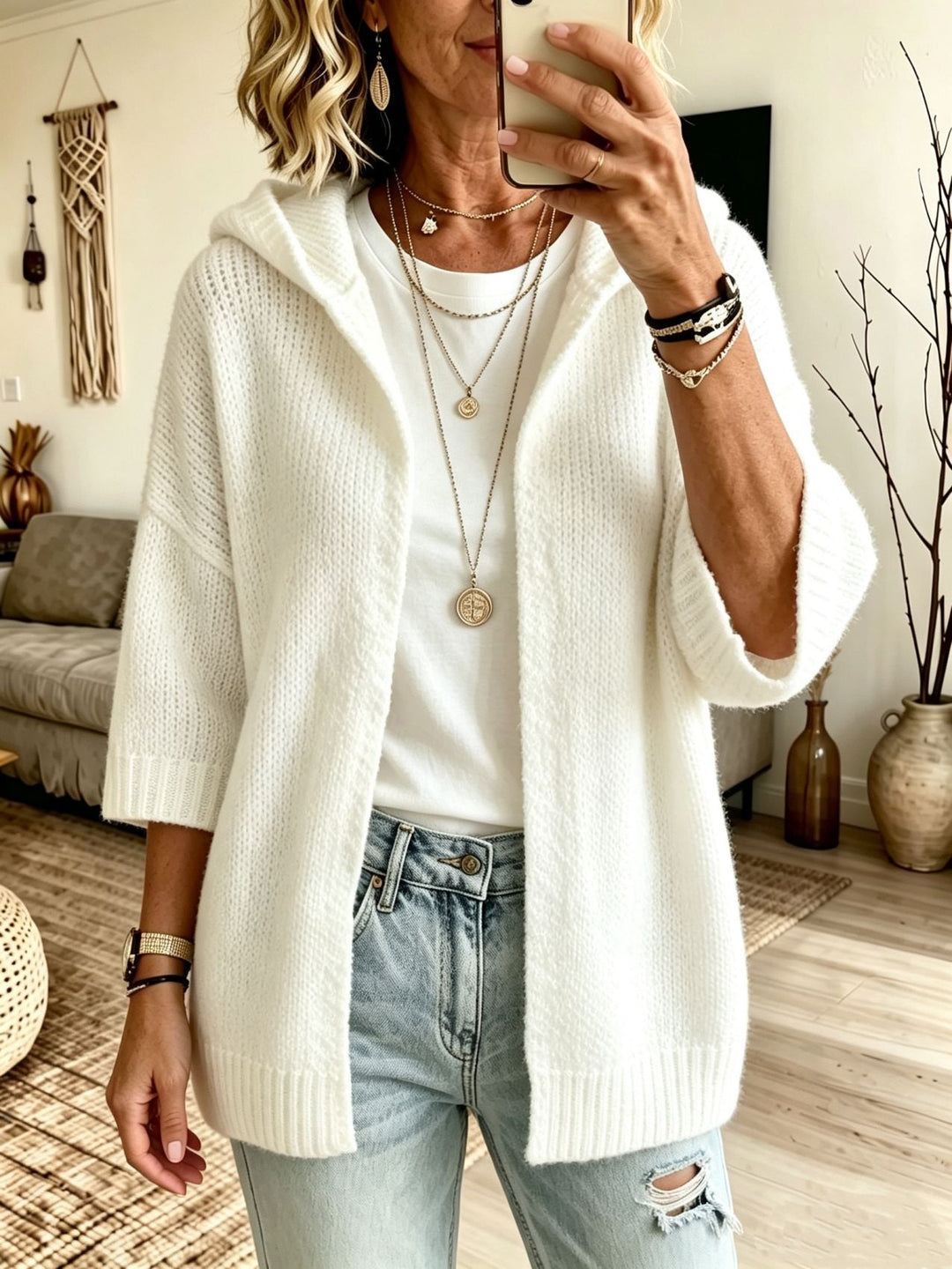 Odalys hooded open front long cardigan in white, front view