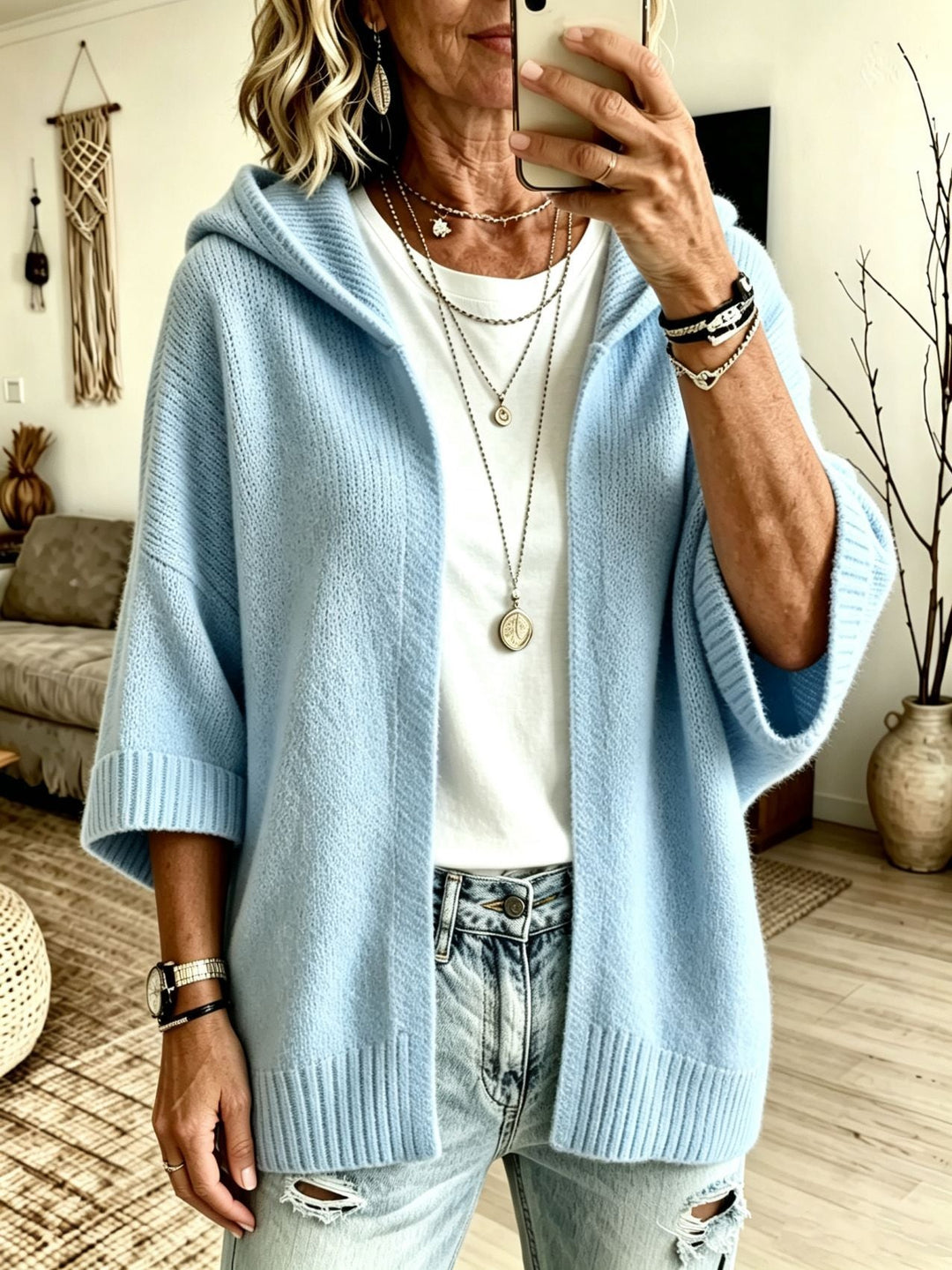 Odalys hooded open front long cardigan in white, front view