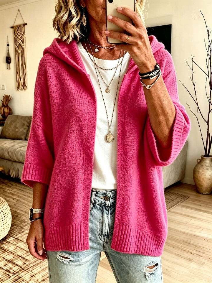 Odalys hooded open front long cardigan in white, front view