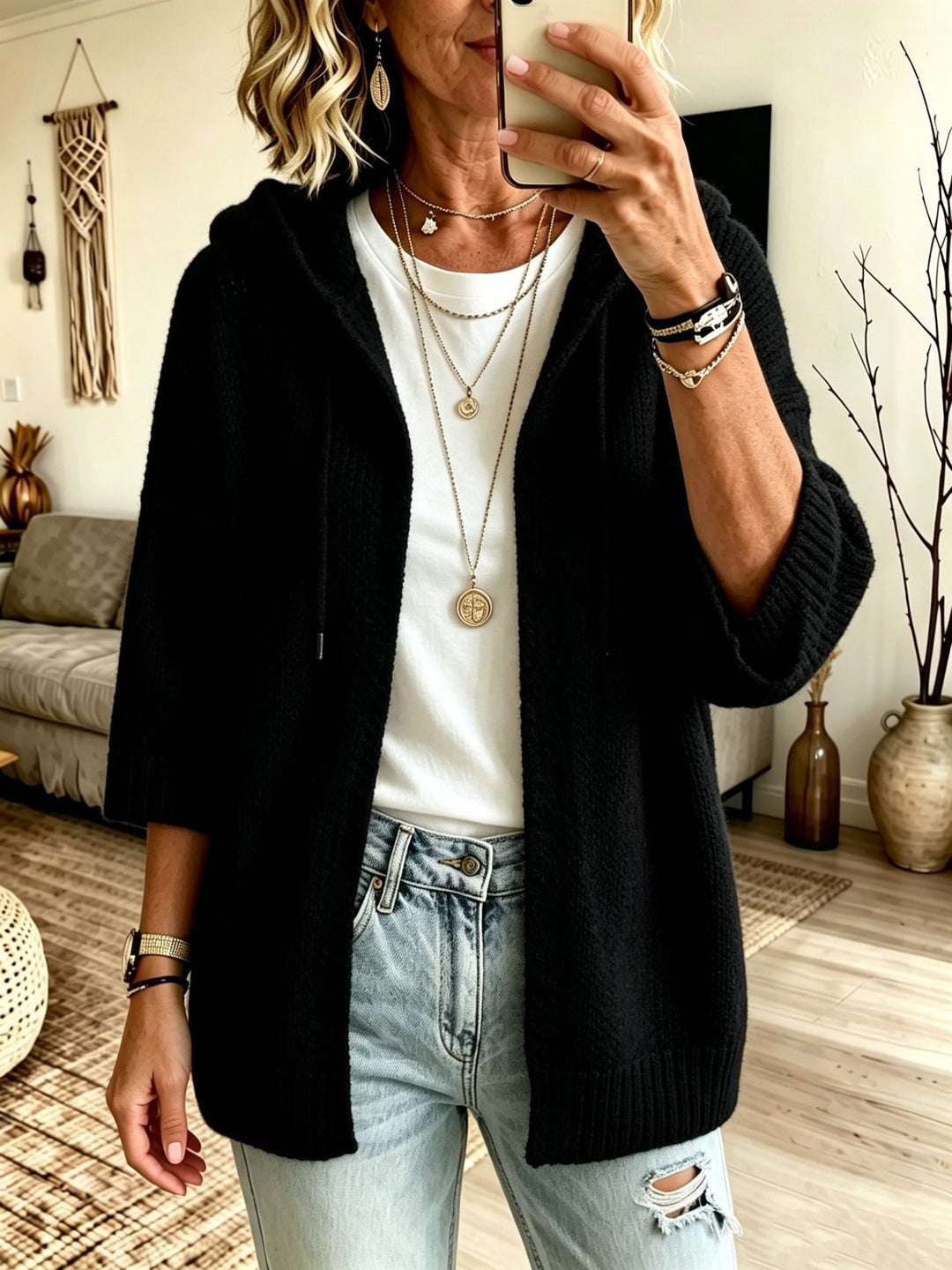Odalys hooded open front long cardigan in white, front view