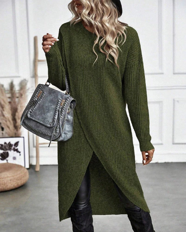 Odalys wrap front sweater dress in green, front view with handbag