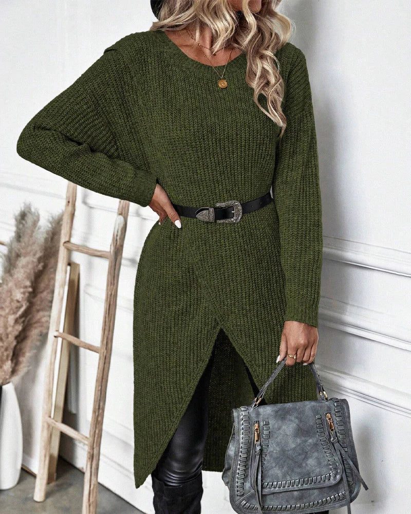 Odalys wrap front sweater dress in green, styled with belt