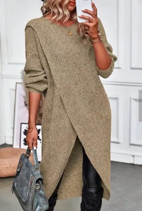 Odalys wrap front sweater dress in gray, front view